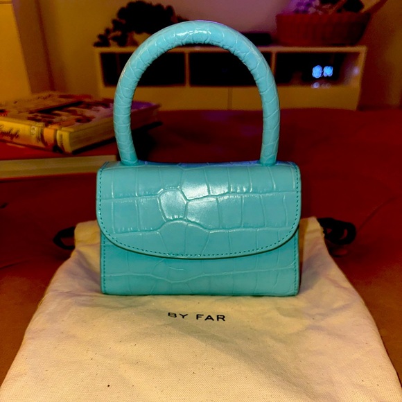 BY FAR croc embossed leather mini turquoise bag with removable strap & dust bag - Picture 1 of 7